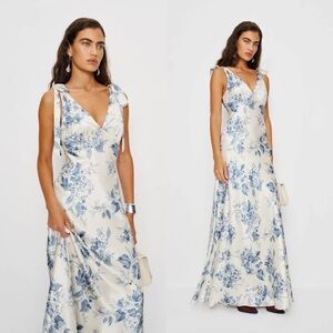 🆕 REFORMATION Pernille Floral Print Silk Maxi Dress Lupine Blue Sz S